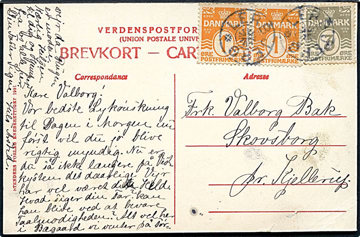 1 øre (par) og 3 øre Bølgelinie på brevkort annulleret med stjernestempel LERBJERG til Kjellerup.