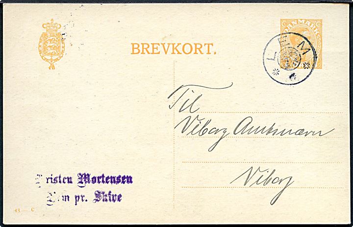 7 øre Chr. X helsagsbrevkort (fabr. 48-C) dateret d. 31.9.1919 annulleret med stjernestempel LEM til Viborg.