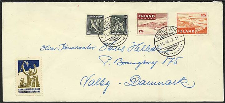10 aur Sild (2), 15 aur og 75 aur Luftpost på brev fra Reykjavik d. 21.12.1947 til Valby, Danmark.