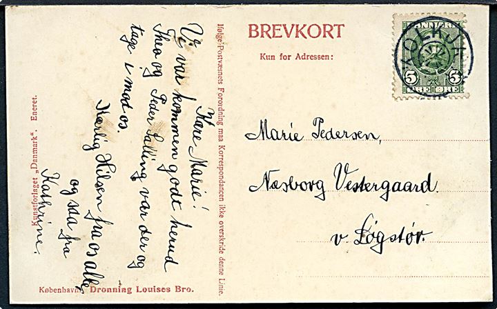 5 øre Fr. VIII på brevkort annulleret med stjernestempel KØLKJÆR til Næsborg pr. Løgstør. Skilling: 1200,-