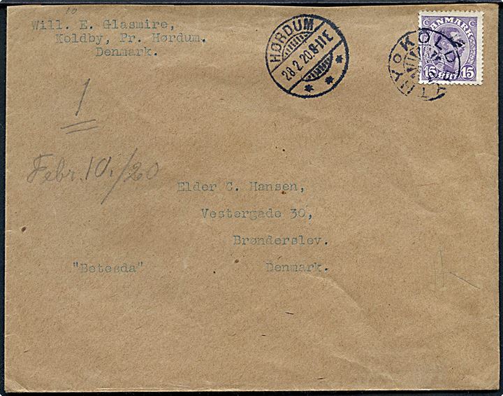 15 øre Chr. X på brev annulleret med stjernestempel KOLDBY THY og sidestemplet Hørdum d. 28.2.1920 til Brønderslev.