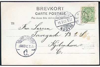 5 øre Våben på brevkort (Højerup Gamle Kirke på Stevns) annulleret med stjernestempel KLIPPINGE og sidestemplet bureau Haarlev - Rødvig T.17 d. 11.7.1905 til Kjøbenhavn.