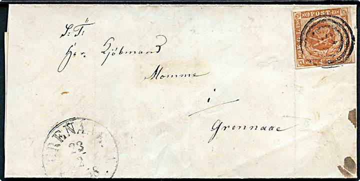 4 sk. 1854 udg. på brev med indhold dateret Fugllev d. 22.2.1858 annulleret med nr.stempel 22 og sidestemplet antiqua Grenaae. d. 23.2.1858 til Grenaa. Afkortet i venstre side.