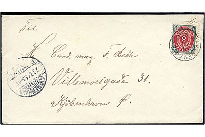 8 øre Tofarvet på brev (landpostbrev ?) med notering under frimærke annulleret med lapidar Herlufmagle d. 22.7.1895 til Kjøbenhavn.