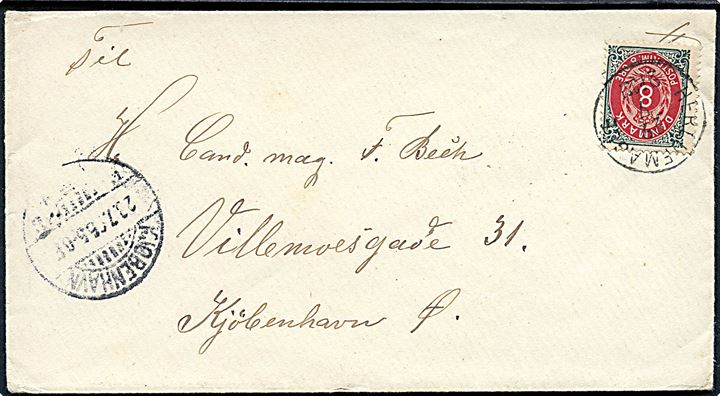 8 øre Tofarvet på brev (landpostbrev ?) med notering under frimærke annulleret med lapidar Herlufmagle d. 22.7.1895 til Kjøbenhavn.