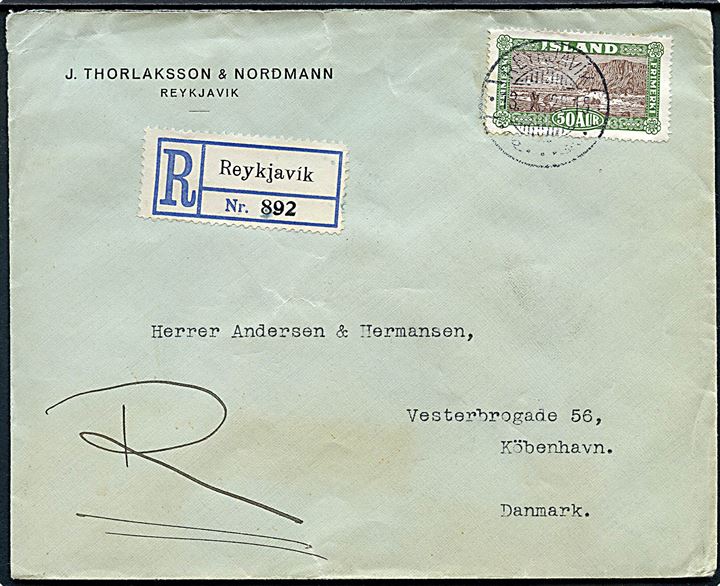 50 aur Landskab single på anbefalet brev fra Reykjavik d. 13.10.1928 til København, Danmark.