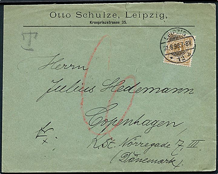 3 pfg. Ciffer på underfrankeret tryksag fra Leipzig d. 31.8.1898 til København, Danmark. Udtakseret i 6 øre dansk porto.