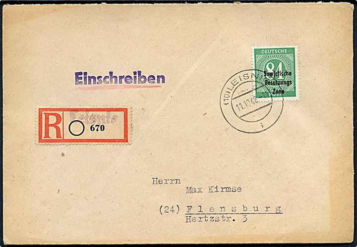 84 pfg. SBZ provisorium single på anbefalet brev fra Leisnig d. 11.10.1948 til Flensburg.