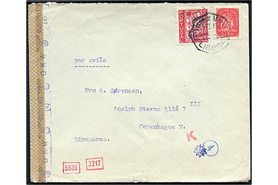 1$00 og 2$50 på blandingsfrankeret luftpostbrev fra Lisboa d. 31.?.1943 til København, Danmark. Åbnet af tysk censur i München.