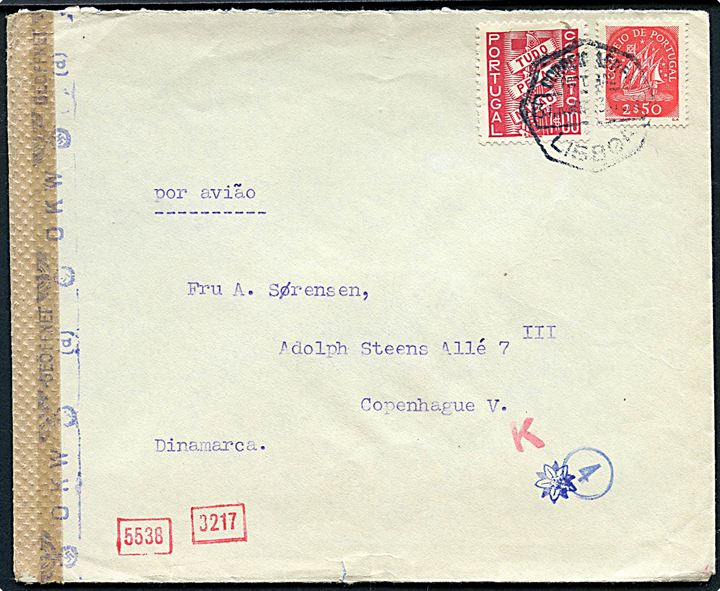 1$00 og 2$50 på blandingsfrankeret luftpostbrev fra Lisboa d. 31.?.1943 til København, Danmark. Åbnet af tysk censur i München.