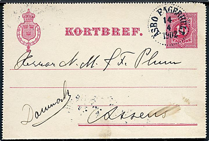 10 øre helsags korrespondancekort annulleret Åsbo Fagerhult d. 14.4.1902 til Assens, Danmark.