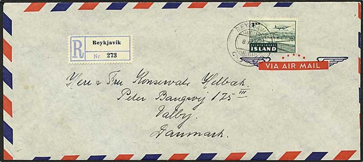 3 kr. Luftpost single på anbefalet luftpostbrev fra Reykjavik d. 8.11.1948 til Valby, Danmark.