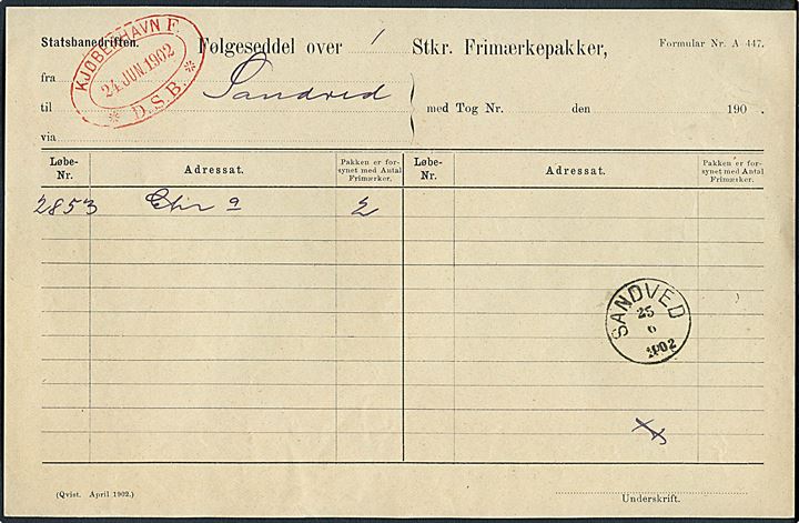 Statsbanedriften. Følgeseddel over Frimærkepakker med rødt ovalt jernbanestempel Kjøbenhavn F. * D.S.B. * d. 24.6.1902 til Sandved. Ank.stemplet med lapidar VI Sandved d. 25.6.1902.