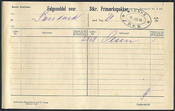 Danske Statsbaner. Følgeseddel over Frimærkepakker med ovalt jernbanestempel Odense * D.S.B. * d. 24.1.1904 til Sandved.