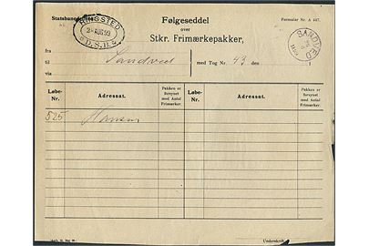 Statsbanedriften. Følgeseddel over Frimærkepakker med ovalt jernbanestempel Ringsted * D.S.B. d. 28.8.1899 til Sandved. Ank.stemplet med lapidar VI Sandved d. 28.8.1899.