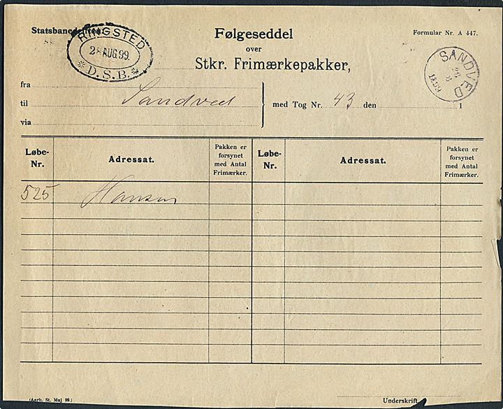 Statsbanedriften. Følgeseddel over Frimærkepakker med ovalt jernbanestempel Ringsted * D.S.B. d. 28.8.1899 til Sandved. Ank.stemplet med lapidar VI Sandved d. 28.8.1899.