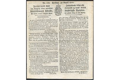 Iversens fynske Avis, Odense no. 116 d. 30.8.1821. 4 sider.
