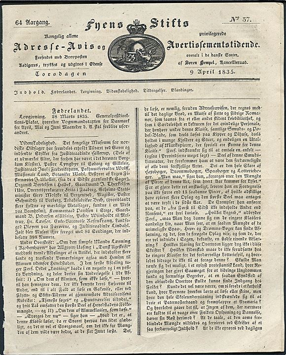 Fyens Stifts Adresse-Avis og Avertissementstidende, Odense, no. 57 d. 9.4.1835. 4 sider.