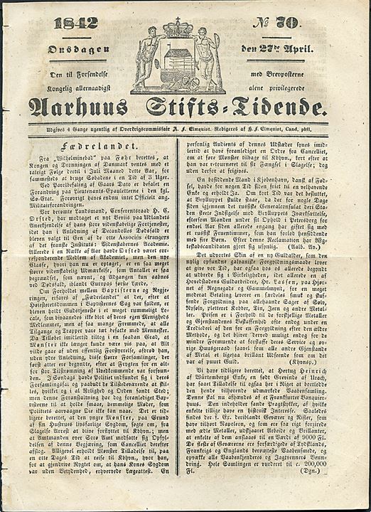 Aarhus Stifts-Tidende, no. 70 d. 27.4.1842. 4 sider.