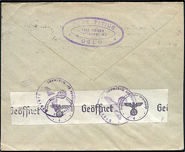 45 øre Luftpost på luftpostbrev fra Oslo d. 2.1.1941 til St. Gallen, Schweiz. Åbnet af tysk censur i Frankfurt.