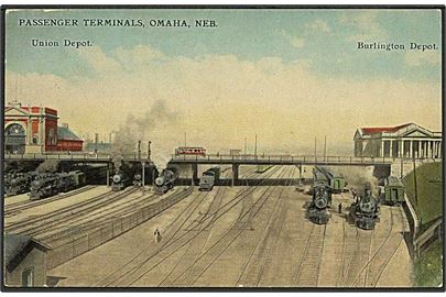 Union Depot og Burlington med flere tog i Omaha, Nebraska, USA. No. 16576.