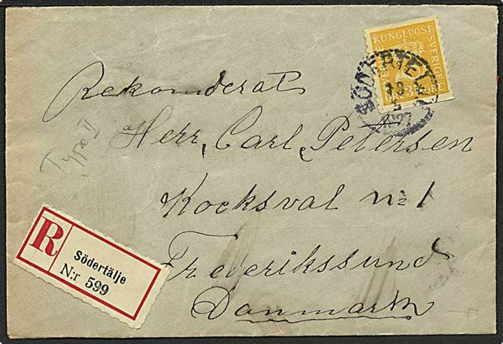 35 öre Posthorn single på brev fra Södertälje d. 19.5.1927 til Frederikssund, Danmark.