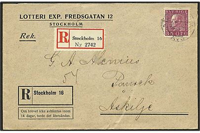 35 öre Gustaf single på anbefalet brev fra Stockholm til Åskilje. Svagt stempel.