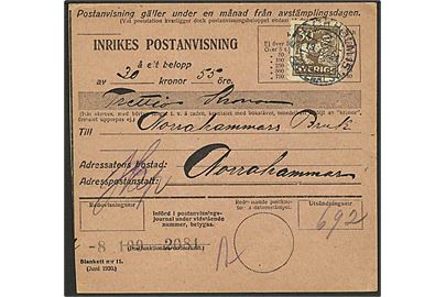 30 øre Løve single på indenrigs postanvisning fra Stockholm d. 13.8.1921 til Norrahammar.