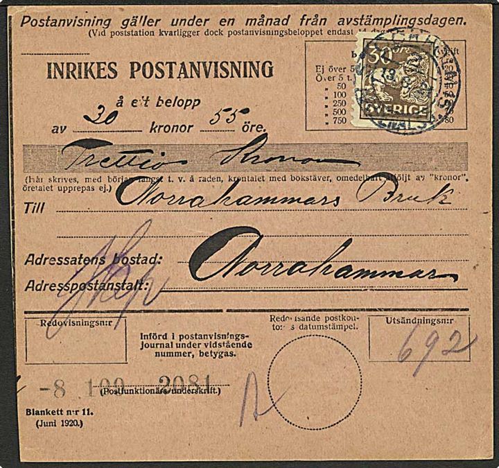 30 øre Løve single på indenrigs postanvisning fra Stockholm d. 13.8.1921 til Norrahammar.