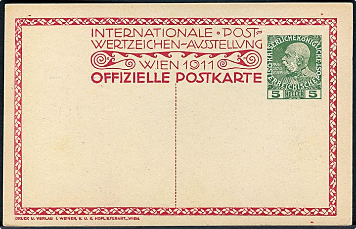H. Kalmsteiner: Internationale Postwertzeichen ausstellung Wien 1911. U/no. Ubrugt illustreret 5 h. helsagsbrevkort.