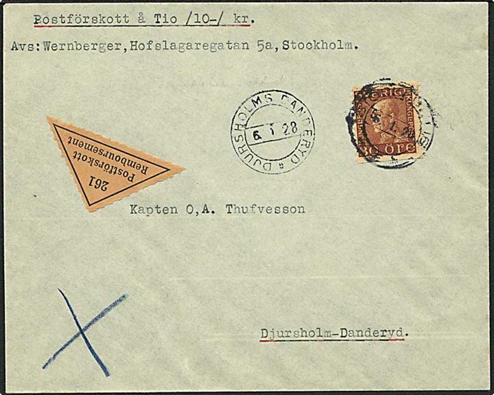 30 öre Gustaf single på brev ved opkrævning fra Stockholm d. 5.1.1928 til Djursholms Danderyd.