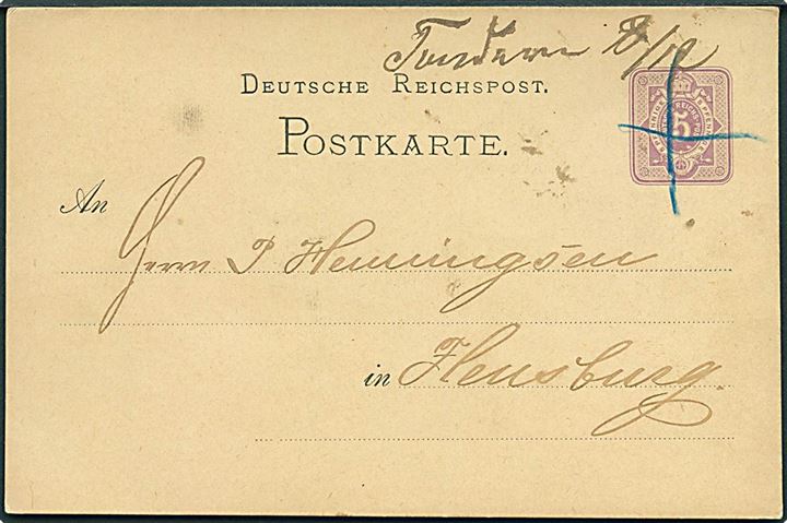 5 pfg. helsagsbrevkort fra Tønder blækannulleret med kryds og håndskrevet bynavn “Tondern” d. 8.12.1879 til Flensburg. Pæn forsendelse.