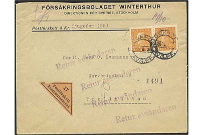 20 öre Gustaf i parstykke på brev med opkrævning fra Stockholm d. 25.9.1926 til Trollhättan. Retur som ikke afhentet.