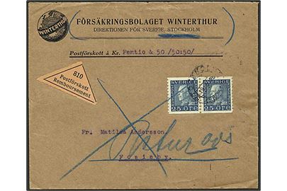 25 öre Gustaf i parstykke på brev med opkrævning fra Stockholm d. 19.5.1928 til Fosieby. Retur til afsender.