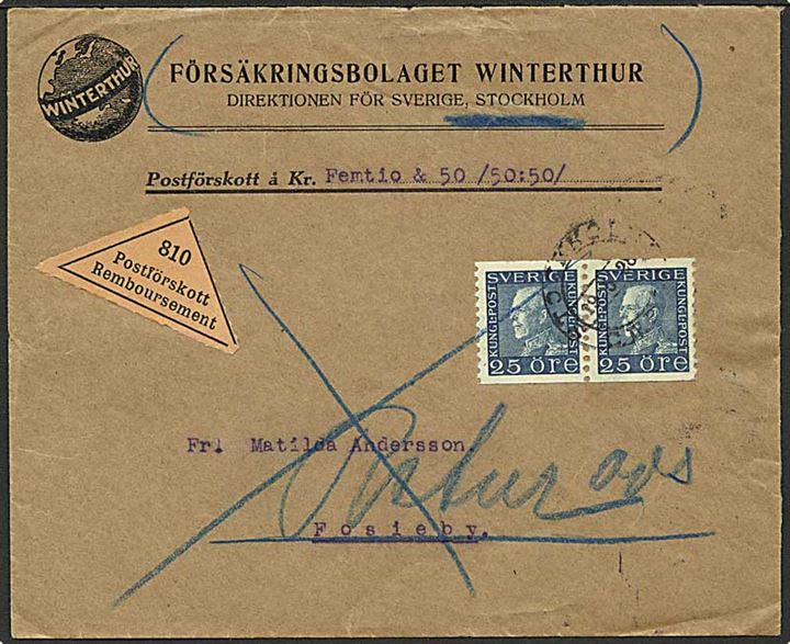 25 öre Gustaf i parstykke på brev med opkrævning fra Stockholm d. 19.5.1928 til Fosieby. Retur til afsender.