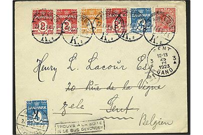 1 øre, 2 øre (3) 4 øre (2) Bølgelinie og 25 øre Chr. X på brev fra København d. 22.3.1923 til Gent, Belgien - eftersendt med 2-sproget rammestempel Fundet i postkasse.