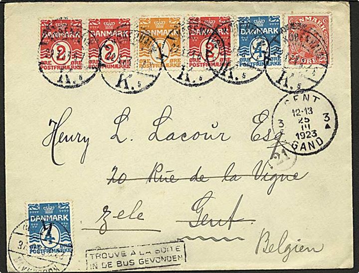 1 øre, 2 øre (3) 4 øre (2) Bølgelinie og 25 øre Chr. X på brev fra København d. 22.3.1923 til Gent, Belgien - eftersendt med 2-sproget rammestempel Fundet i postkasse.