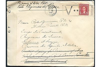 3 c. George VI på krigsfangebrev fra Ottawa d. 14.11.1941 til sømænd fra Royal Navy, Robert Jamieson og Wiliam Powell via Internationalt Røde Kors i Geneve, Schweiz til italiensk krigsfangelejr i Sulmona, Abruzzi, Italien. Åbnet af canadisk censur C.7.