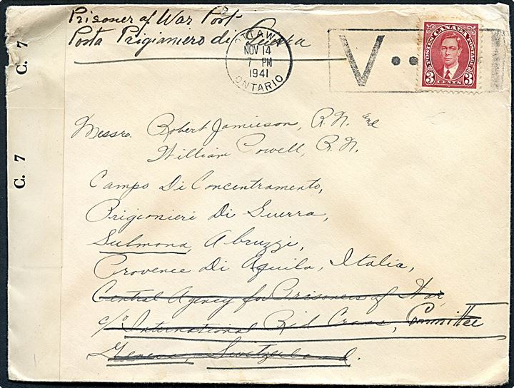 3 c. George VI på krigsfangebrev fra Ottawa d. 14.11.1941 til sømænd fra Royal Navy, Robert Jamieson og Wiliam Powell via Internationalt Røde Kors i Geneve, Schweiz til italiensk krigsfangelejr i Sulmona, Abruzzi, Italien. Åbnet af canadisk censur C.7.