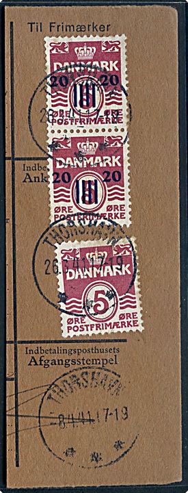 20/5 øre Provisorium i parstykke og 5 øre Bølgelinie på talon stemplet Thorshavn d. 26.3.1941.