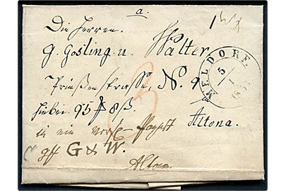 1853. Ufrankeret pakkefølgebrev for pengebrev dateret Bartl. med 1½ ringsstempel Meldorf d. 5.1.1853 til Altona. Påskrevet 3 sk. porto.
