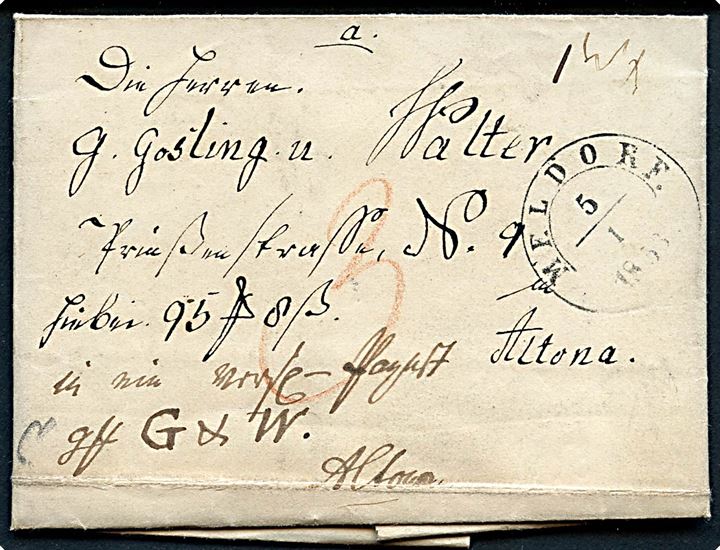 1853. Ufrankeret pakkefølgebrev for pengebrev dateret Bartl. med 1½ ringsstempel Meldorf d. 5.1.1853 til Altona. Påskrevet 3 sk. porto.