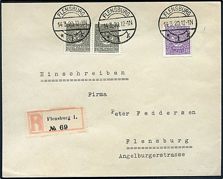 2½ pfg. (par) og 40 pfg. Fælles udg. på anbefalet lokalbrev i Flensburg d. 14.3.1920.