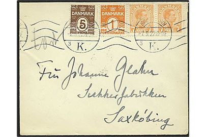 1 øre, 5 øre Bølgelinie og 7 øre Chr. X i parstykke på brev fra København d. 7.9.1922 til Saxkøbing.