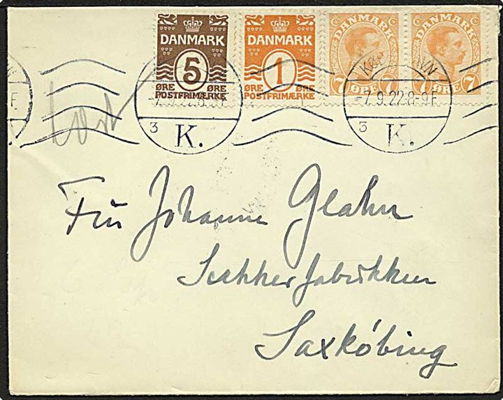 1 øre, 5 øre Bølgelinie og 7 øre Chr. X i parstykke på brev fra København d. 7.9.1922 til Saxkøbing.
