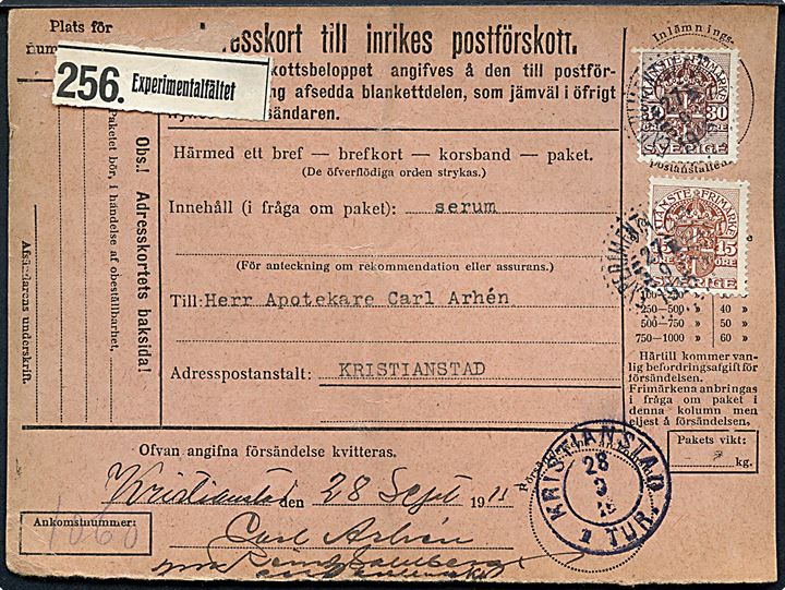 15 öre og 30 öre Tjenestemærke på adressekort for pakke fra Experimentalfältet d. 27.9.1915 til Kristianstad.