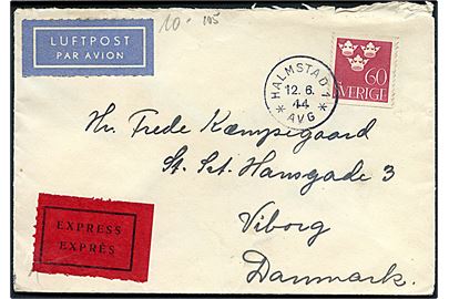60 öre Tre Kroner single på ekspres luftpostbrev fra Halmstad d. 12.6.1944 til Viborg, Danmark. Åbnet af dansk censur.