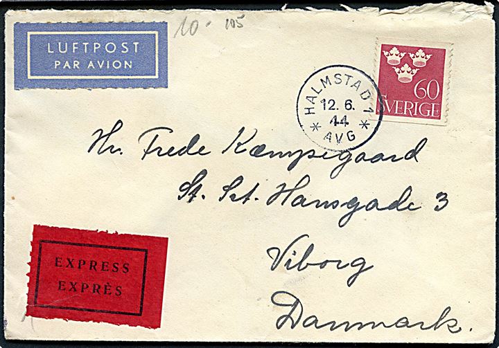 60 öre Tre Kroner single på ekspres luftpostbrev fra Halmstad d. 12.6.1944 til Viborg, Danmark. Åbnet af dansk censur.