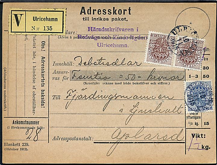 20 öre og 30 öre (par) Tjenestemærke på adressekort for værdipakke fra Ulricehamn d. 10.11.1915 til Aplared.