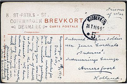 Ufrankeret krigsfange brevkort fra Kjøbenhavn d. 25.7.1918 til interneret belgisk soldat i Interneringslejr Amersfoort, Holland.